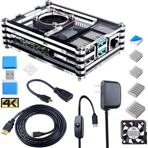 Raspberry Pi 4 모델 B용 Smraza 케이스 선풍기 포함 4B 4PCS 히트싱크 5V 3A USBC USB 카드 리더 6피트 마이크로 HDMI 케이블 7.8인치 H
