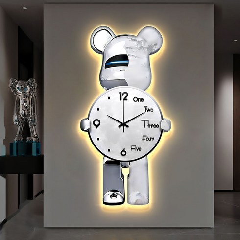 대형벽시계 - Uinox 곰돌이 시계 LED 무드등 인테리어 벽시계 대형 디자인 무소음 조명벽시계, A, 41*80cm