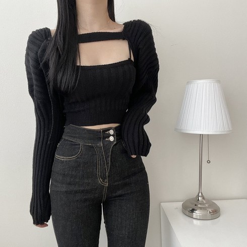 VANANA2 여성 섹시글램 여리핏 보장 단추 사선 벌룬 볼레로 가디건 탑 끈나시 니트 세트