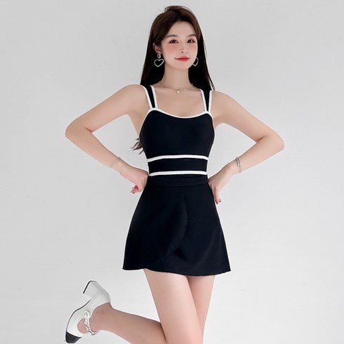 ANYOU 여성 실내수영복 원피스 루즈핏 빅사이즈 연습용 수영복, 블랙