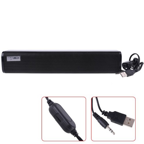 스피커 바 컴퓨터 스피커 3.5mm 유선 컴퓨터 사운드 바 Hifi 사운드 스테레오 USB 전원 미니 긴 사운드 바 스피커, 검은색