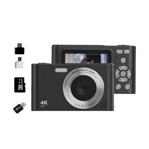 디지털카메라 - RUNHome 4800w 레트로 미니 디지털 카메라 여행용 인생+64G메모리카드+카드 리더기, 블랙