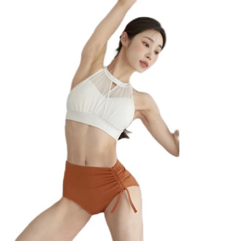 urkoteer 폴댄스의상 폴복 투피스 크롭탑 홀터넥 셔링 폴쇼츠, 화이트+오렌지 투피스