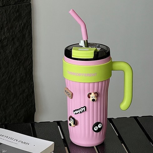 POPSONIC 손잡이텀블러 텀블러 대용량 빨대텀블러 빨대컵 스테인리스 보온보냉 850ml 증정하다 3D스티커, 핑크, 1개