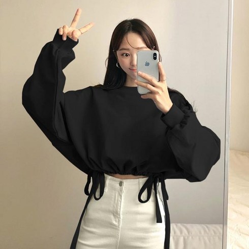 듀오리본크롭맨투맨 빅사이즈 오버핏 라운드 긴팔 데일리룩 여성용 박스티 봄 가을