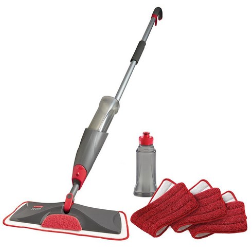 러버메이드 Rubbermaid 극세사 Reveal 스프레이 대걸레 바닥 청소 키트 습식 패드 3개 및 건식 사용을 위한 솔루션 리필 가능한 병 1개 세척 재사용 무선 모든 유형에, Collapsible Design