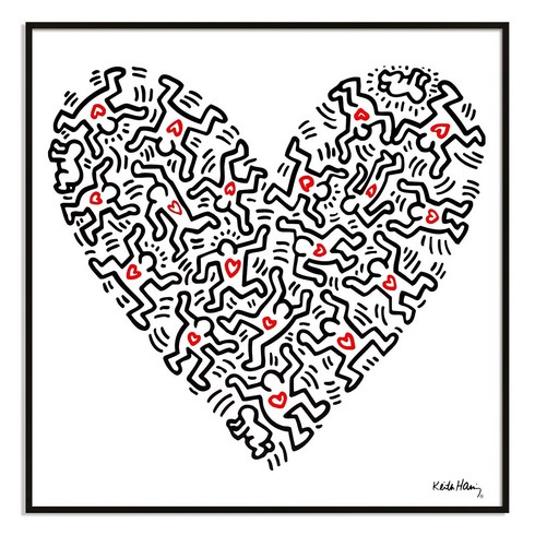 그림액자 - 세잔느화실 명화 캔버스 그림액자 키스해링 - Untitled 1985 heart, 블랙액자, 48x48cm