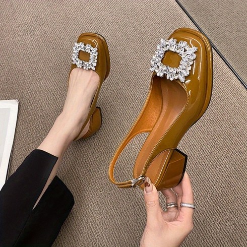 여성 레트로 Chunky Heel 샌들 세련된 라인석 장식 버클 스트랩 신발 여성 패션 슬링백 신발, 245, 연한 갈색
