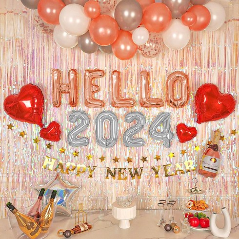 2023년 가성비 최고 연말홈파티 - 로나파티 HELLO 연말 홈 파티 16종 세트 풍선 용품, 9 HELLO 로즈+숫자 실버 SET