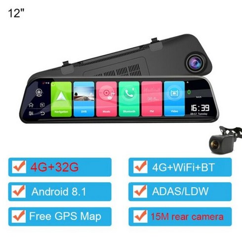 안드로이드올인원 차량용 스트림 미디어 백미러 FHD 1080P 카메라 듀얼 렌즈 비디오 레코더 GPS 4G 대시 캠 자동차 DVR ADAS 안드로이드 8.1 12 인치, 4G 15M_64G