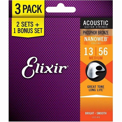 Elixir Strings 나노웹 코팅이 포함된 어쿠스틱 기타 형광체 브론즈 스트링 3팩 커스텀 라이트 게이지 .011-.052(16544)