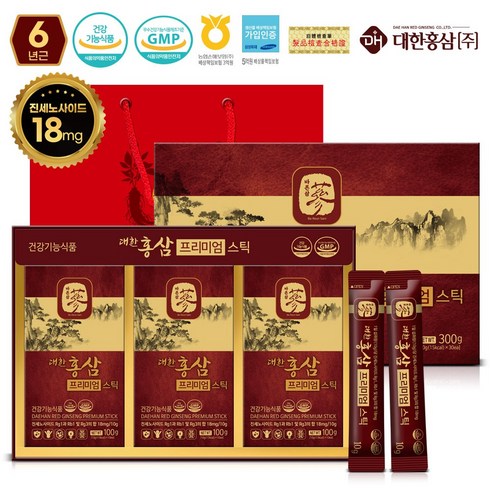 홍삼정원데이스틱(10ml18박스 - 대한홍삼 프리미엄 홍삼스틱 10g x 30포 + 쇼핑백 (1포 진세노사이드 18mg 함유), 1세트, 300g