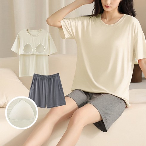 유토밸런 캡내장 노브라 반팔 반바지 여성잠옷 홈웨어 상하의세트 빅사이즈