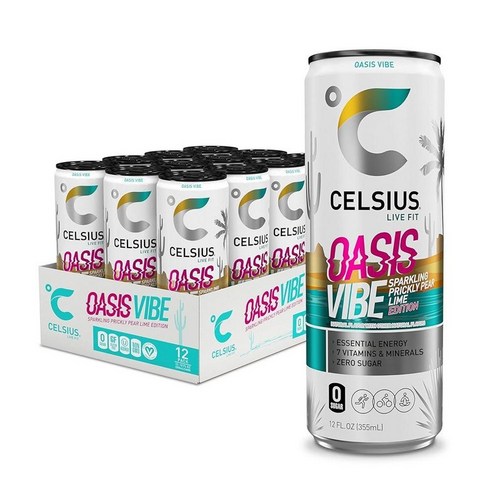 셀시어스 - CELSIUS 스파클링 오아시스 바이브 기능성 에센셜 에너지 드링크 350ml(12온스) (12팩), 피즈 프리 버라이어티 팩, 355ml