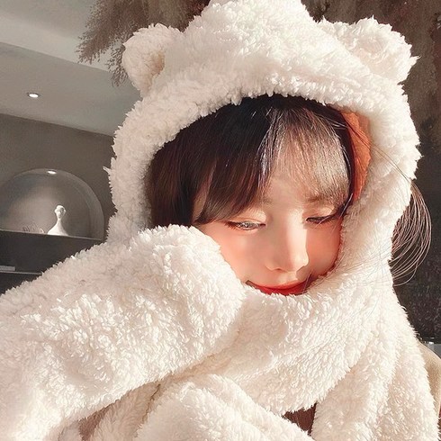 나나티 양털 곰돌이 후드 목도리 장갑 일체형