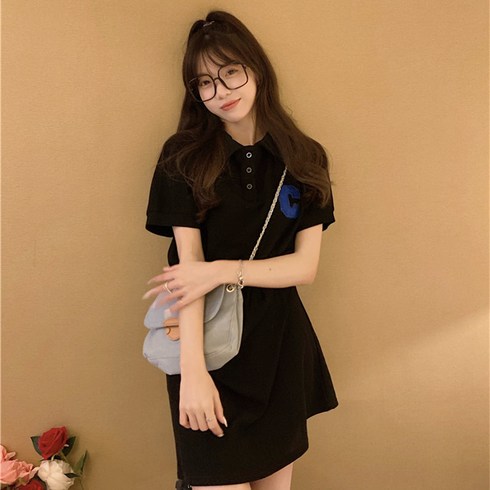 POMTOR 여성 여름 심플 반팔 단추 키작녀 미니 원피스