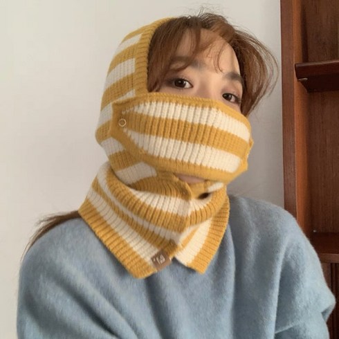 balaclava 니트 바라클라바 방한 여자 라이더 후드 여성 브랜드 후드넥워머 부클 넥히터, 옐로우-마스크 스트라이프, M（56-58cm）