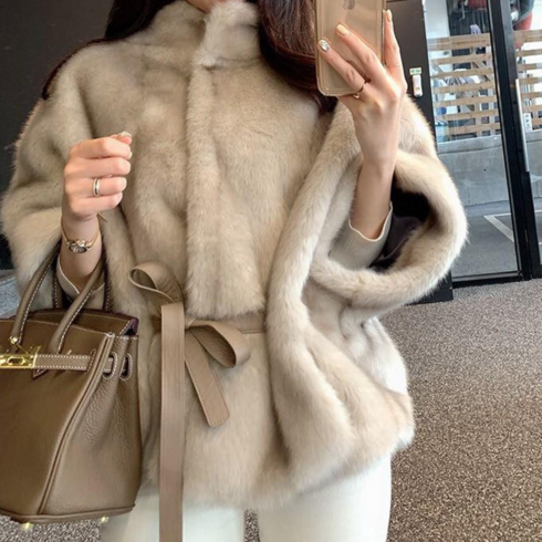 2023년 가성비 최고 페이크퍼코트 - 에이스토리 럭셔리 페이크 밍크 퍼 허리끈 자켓 퀄리티좋은 모임룩