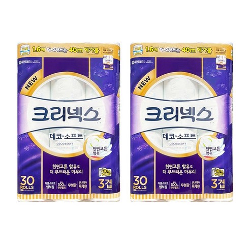 크리넥스 데코앤소프트 3겹 화장지 40m x 30롤 롤화장지 고급롤화장지(3겹이상), 2팩