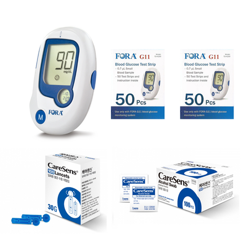 포라혈당측정기 - (FDA 승인) 포라 혈당측정기 풀세트 (기계+시험지100+침110+알콜솜100+전용파우치+채혈기) FORA 혈당체크기 SW, 1세트