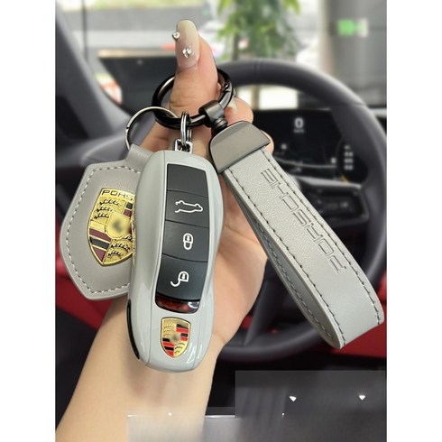 비포선라이즈 포르셰 카이엔 macan718 키홀더 Panamera 911 taycan 키케이스, 포르쉐A[그레이] + 포르쉐 버클 + 로고방패