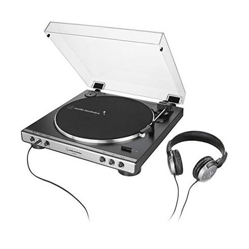 Audio-Technica AT-LP60XHP 완전 자동 벨트 드라이브 턴테이블 및 헤드폰 번들 건메탈/블랙 하이파이 2단 3.5mm 잭 볼륨 컨트롤 통합