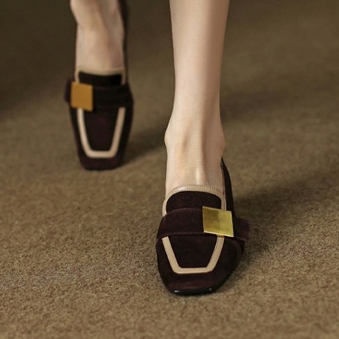 하야루 굽 5.5cm 스퀘어 사각 버클 콤비 배색 스웨이드 로퍼 단화