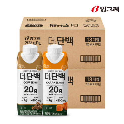 빙그레 더단백 드링크 프로틴음료 250ml, 카라멜 18팩 + 커피 18팩, 36