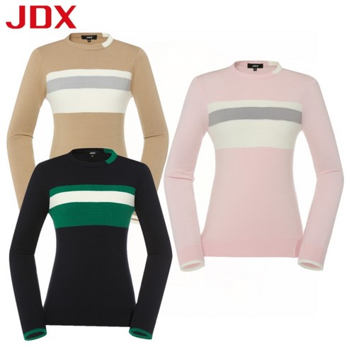 [제이디엑스 ]JDX 75% 할인골프 봄 가을 간절기 멋스러운 여성 스트라이프 배색 라운드 풀오버 니트