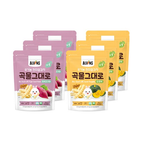 엘빈즈 유아용 유기농 곡물 그대로 현미 쌀과자 STEP1 25g x 2종 세트, 3세트, 자색고구마맛, 단호박맛