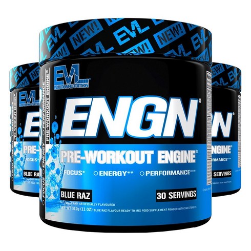 부스터 - EVLUTIONNUTRITION ENGN 프리-워크아웃 엔진 블루 라즈 맛, 3개, 312g