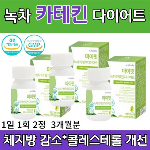 녹차 카테킨 다이어트 60정 체지방 체중 허리둘레 복부 피하 지방 면적 감소 콜레스테롤 개선 비타민 B1 B2 B6 C 나이아신 판토텐산 엽산 셀레늄 가르시니아 식약처 인정, 3통 X 800mg X 60정, 800mg, 3개