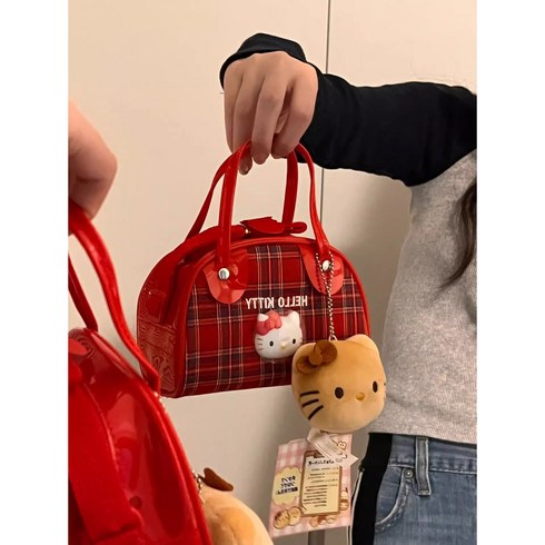 CNTCSM 레트로 고전키티 손가방 옛날 느낌 헬로 키티 빨간색 체크무늬 마이크로 핸드폰 백-클래식 스코틀랜드