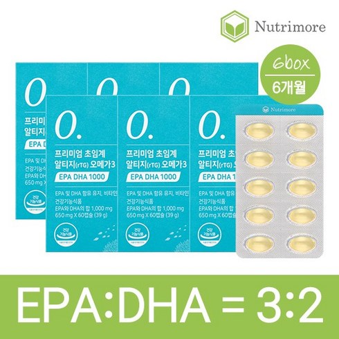  초임계 알티지 오메가3A 6박스 - 프리미엄 초임계 알티지 오메가3 EPA DHA 1000 (60캡슐) 6통, 60정, 6박스