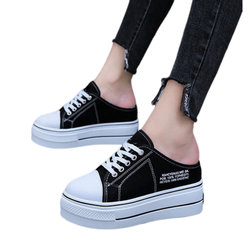 2023년 가성비 최고 슈콤마보니면세점 - 여자 캔버스 통굽 뮬 운동화 키높이 스니커즈 8cm