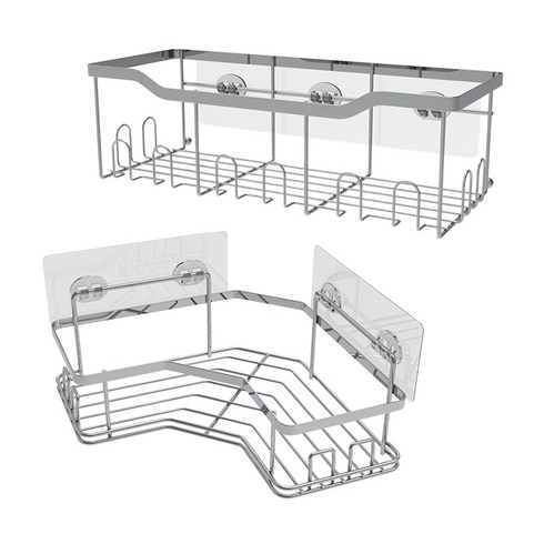 퍼플고릴라 똑똑한 접착식 욕실선반, 일자형+코너형, 1세트