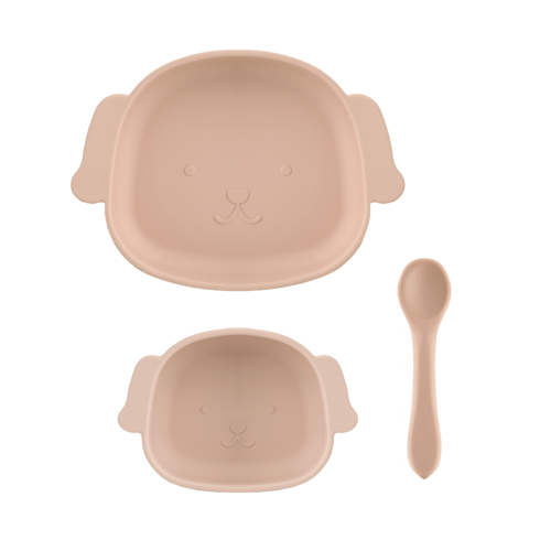 [움바움바] 아기 유아 실리콘 밥그릇 흡착 강아지 볼+숟가락 세트, 강아지 볼 세트, 살구