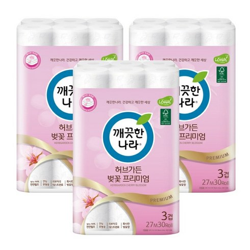 깨끗한나라 New 허브가든 벚꽃 프리미엄 3겹 화장지 30롤 3팩