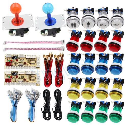 아케이드스틱 플스조이스틱 컨트롤러 DIY LED 키트 2 인용 20 개 버튼 USB 인코더 케이블 게임 부품, 4.blue --green, 4.blue green