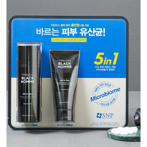 snp올인원 - SNP 타임리스 블랙 옴므 올인원 플루이드 세트 120ml + 80ml /헤어 바디 스킨케어, 1개