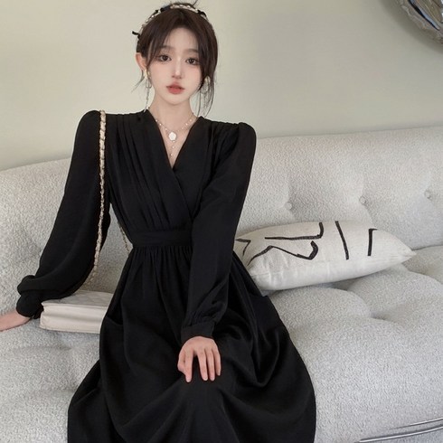ANYOU 여성 프렌치 브이넥 슬림 롱 원피스 빅사이즈 고급 A 라인 원피스