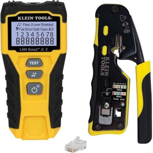 Klein Tools 80072 RJ45 케이블 테스터 키트 LAN 스카우트 주니어 2 동축 크림퍼 / 스트리퍼 커터 도구 및 패스스루 모듈식 데이터 플러그 포함 191757