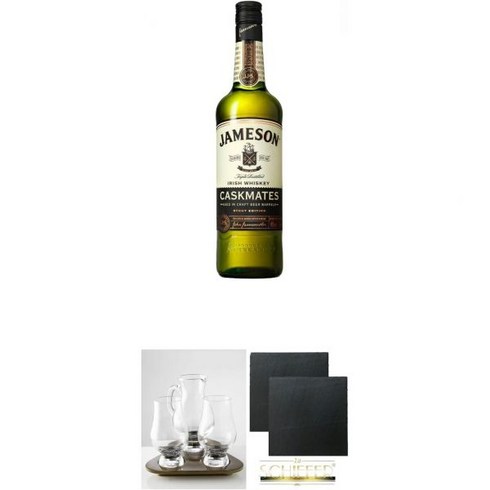 jameson위스키 - 글렌캐런 싱글몰트 글라스 위스키 하이볼 스탠다드 Jameson Caskmates 0.7 리터 Glencairn 잔 Stölzle 2개 우아한 나무 원목 트레이 물 주전자 슬레이트