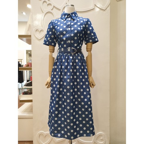 샤틴 도트 패턴 벨티드 데님 원피스