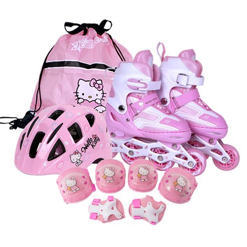 랜드웨이 헬로키티 파스텔 아동용 큐티 인라인스케이트 + 헬멧 + 보호대 + 가방 세트, 핑크, 1세트