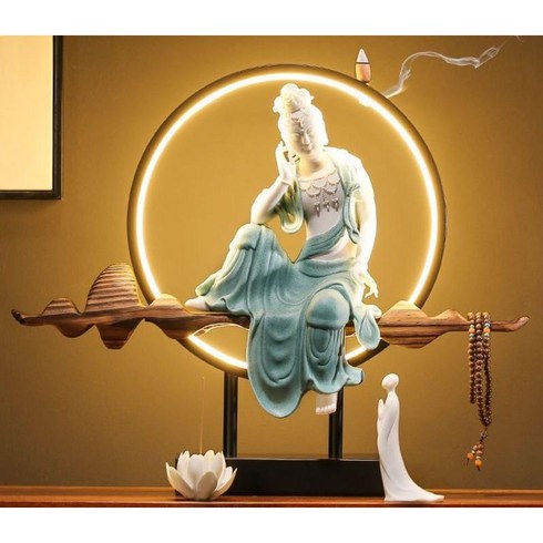 수월관음상 백자 나무 장식 공예 무드등 조명 led, 블루 + 램프 서클