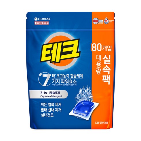 테크 수퍼볼 물에녹는 대용량 캡슐세제 1챔버 리필, 80개입, 1개