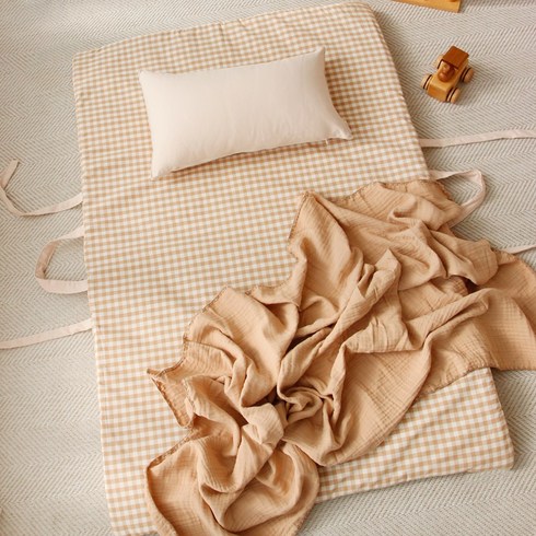 헬로미니미 체크 어린이집 낮잠이불세트 낮잠패드+모달블랭킷+베개, 체크베이지