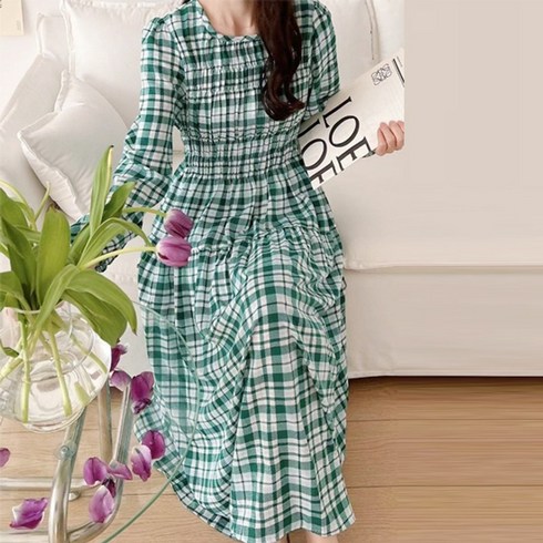 헤레이스 체크 쉬폰 스모크 원피스 YMSH24SS155