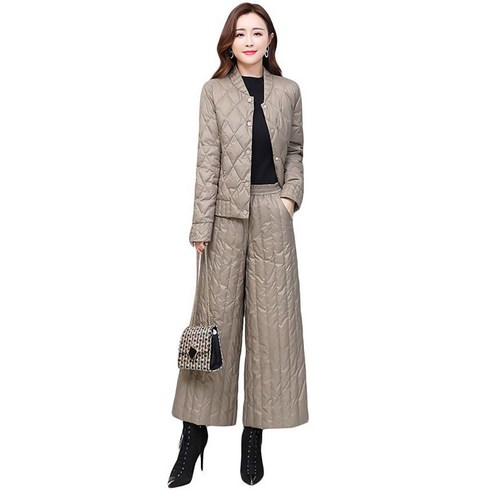 겨울옷 패딩 세트 여자 패딩 팬츠+상의 와이드 투피스 여자